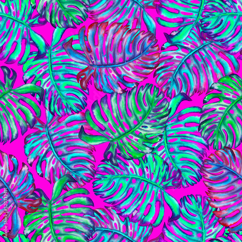 Monstera leaves seamless pattern. Neon disco colors endless background. Bright summer cyberpunk design. Psychedelic colors of the jungle plant. Ellectro jungle modern print.