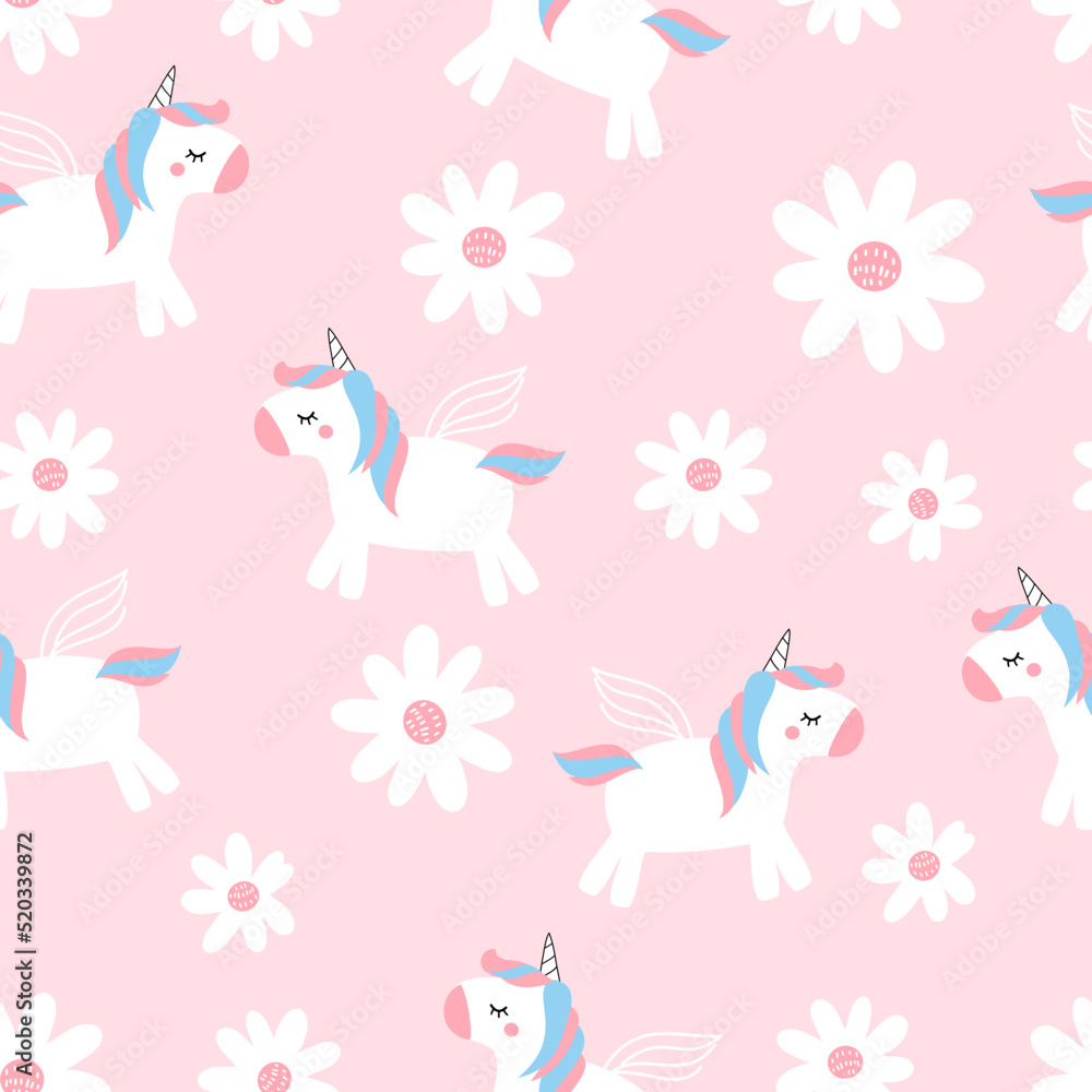 Seamless pattern with daisy flower and unicorn cartoons on pink background vector illustration.