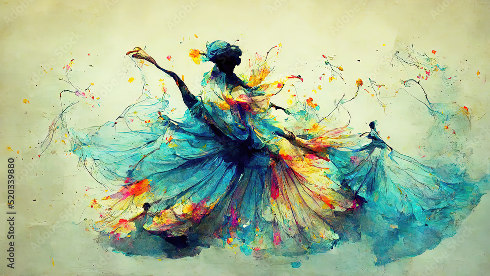 Dancing ballerina with a dress made of colorful splashes of paint - obrazy, fototapety, plakaty 