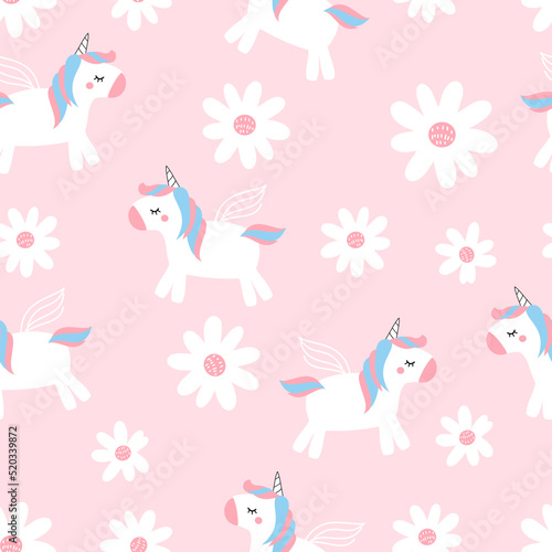 Seamless pattern with daisy flower and unicorn cartoons on pink background vector illustration.