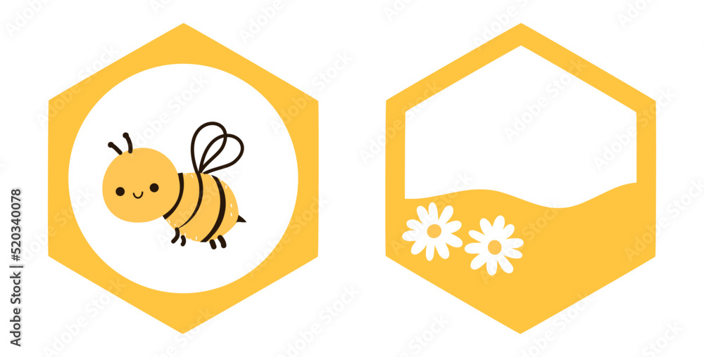 Hexagon sign logo with bee cartoons and daisy flower isolated on white background vector illustration.