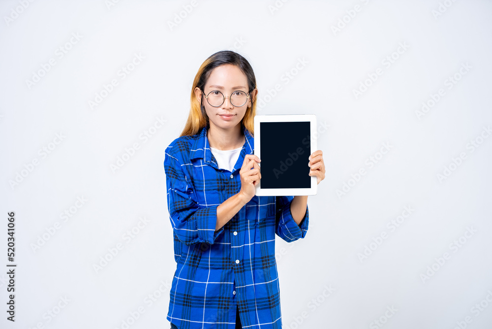 Woman show bank tablet isolate on white background. Woman show bank tablet isolate on white background.