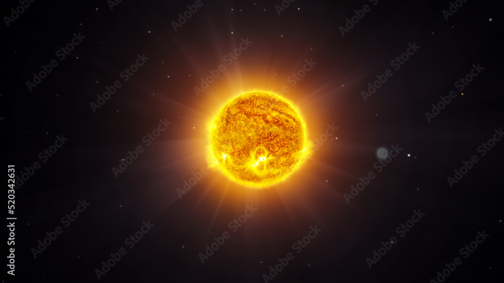 Panoramic view of the Sun and  star. The sun shines in space. A wide view of the sun and stars from space. Concept on the theme of ecology, environment.. Elements of this image furnished by NASA.