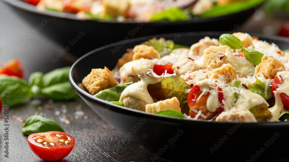 Vegetarian ceasar salad with meat free chicken pieces cherry tomatoes croutons and lettuce Vegetarian ceasar salad with meat free chicken pieces cherry tomatoes croutons and lettuce
