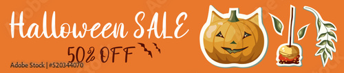 Banner for Halloween sale. Illustration with pumpkin and bat. Stage With pumpkin for promo and discount. October 31.
