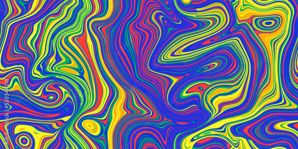 Bright psychedelic seamless marble pattern with hallucination swirls. Vector liquid acrylic texture. Flow art. Trippy 70s textile background. Tie dye simple artistic effect. Groovy design