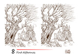 Find 8 differences. Illustration of ancient castle in the forest. Logic puzzle game for children and adults. Page for kids brain teaser book. Developing counting skills. Vector drawing.
