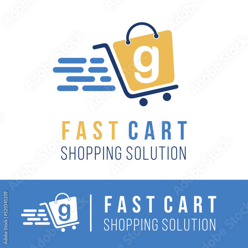 Initial g letter in trolley cart shopping logo with speed symbol for fast online shopping delivery logo concept