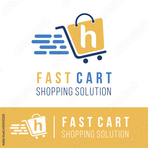 Initial h letter in trolley cart shopping logo with speed symbol for fast online shopping delivery logo concept