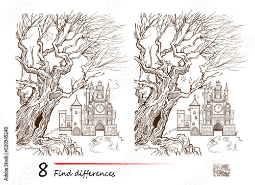 Find 8 differences. Illustration of ancient castle in the forest. Logic puzzle game for children and adults. Page for kids brain teaser book. Developing counting skills. Vector drawing.