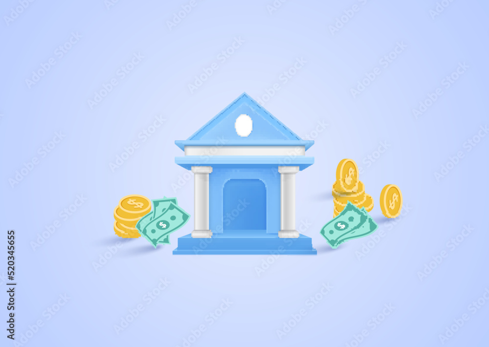3d bank deposit and dollar bill and stack coins, on soft blue pastel background. Shopping online, finance, bank trasaction, deposit, investment. Minimal cartoon icon. 3d bank deposit and dollar bill and stack coins, on soft blue pastel background. Shopping online, finance, bank trasaction, deposit, investment. Minimal cartoon icon.