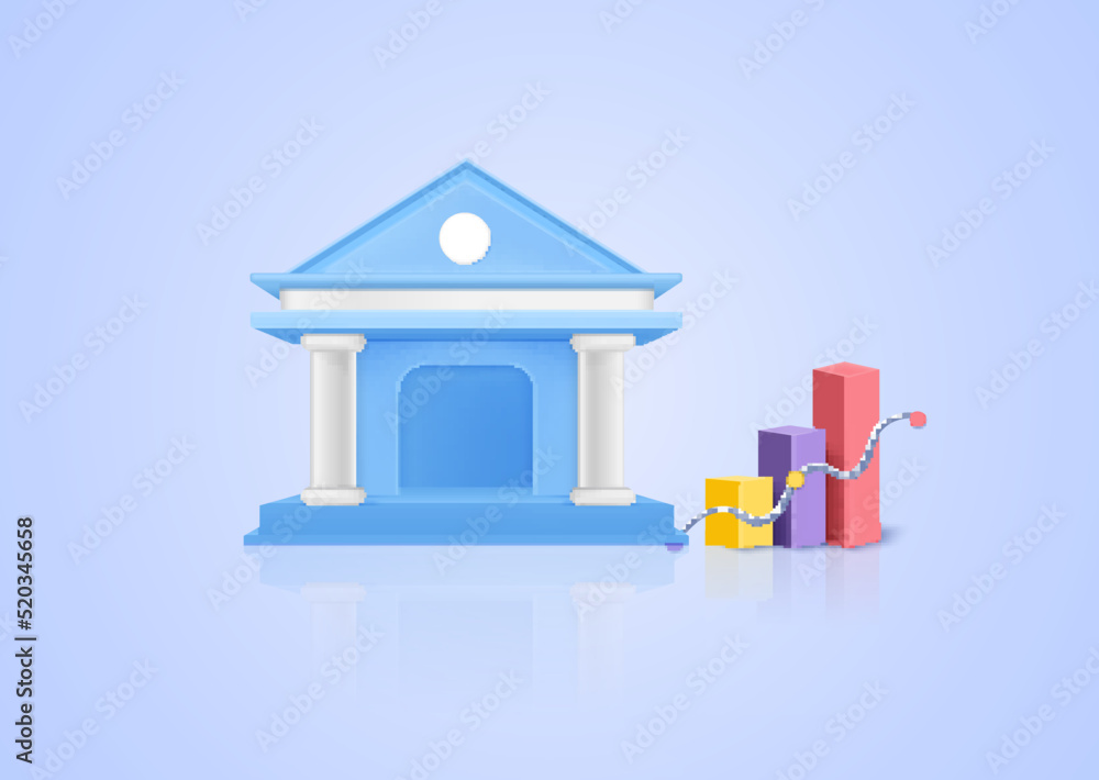 3D banking and bar graph concept business target goals concept, success, investing marketing. Pastel background. Minimal cartoon icon. 3D banking and bar graph concept business target goals concept, success, investing marketing. Pastel background. Minimal cartoon icon.