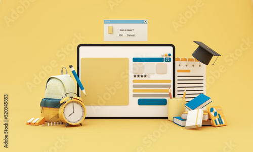 Fototapeta Naklejka Na Ścianę i Meble -  Back to school join to online learning with school supplies and equipment. laptop computer screen with phone and school accessories and textbooks on yellow and blue background. cartoon -3D Rendering
