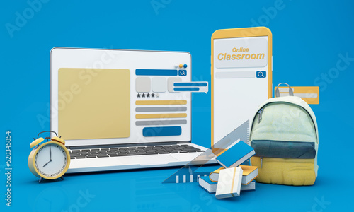 Fototapeta Naklejka Na Ścianę i Meble -  Back to school join to online learning with school supplies and equipment. laptop computer screen with phone and school accessories and textbooks on yellow and blue background. cartoon -3D Rendering