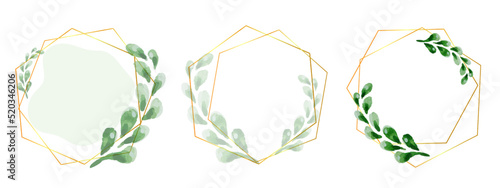 Abstract watercolor floral frame background vector set. Watercolor invitation design with leaves. Gold geometric frame and watercolor brush strokes.