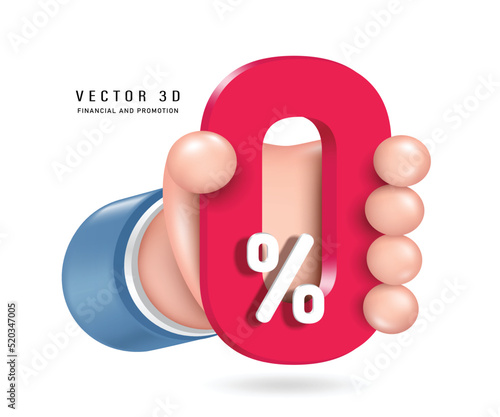 Hand holding  0% red text 3d vector 3d isolated on white background cute minimalist style for advertisements about tax promotions or 0% interest reductions,zero percent for business and finance