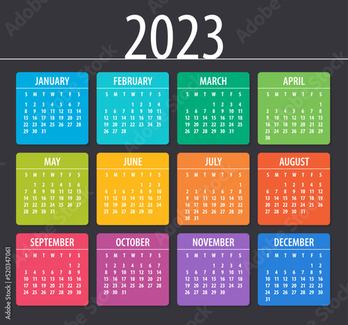 2023 Calendar - illustration. Vector Template. Mock up Week starts Sunday