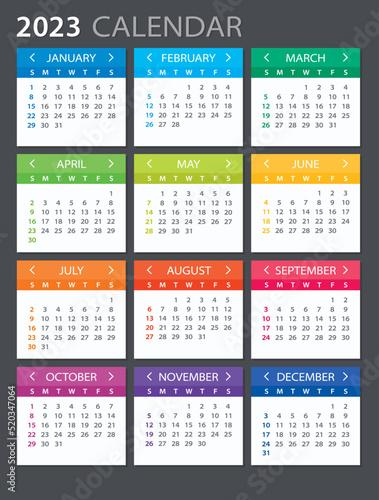2023 Calendar - illustration. Vector Template. Mock up Week starts Sunday