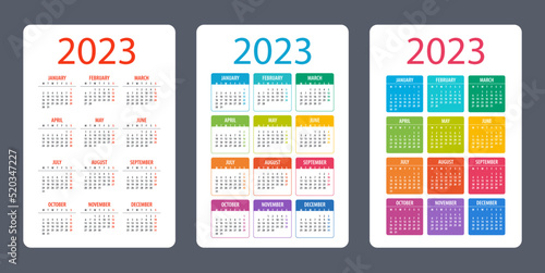 Calendar set 2023 year - vector illustration. Week starts on Monday