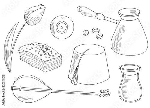 Turkey set graphic black white isolated sketch illustration vector