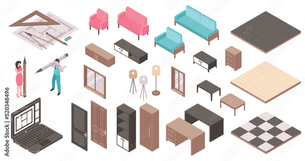 Isometric Interior Design Project Set Isometric Interior Design Project Set