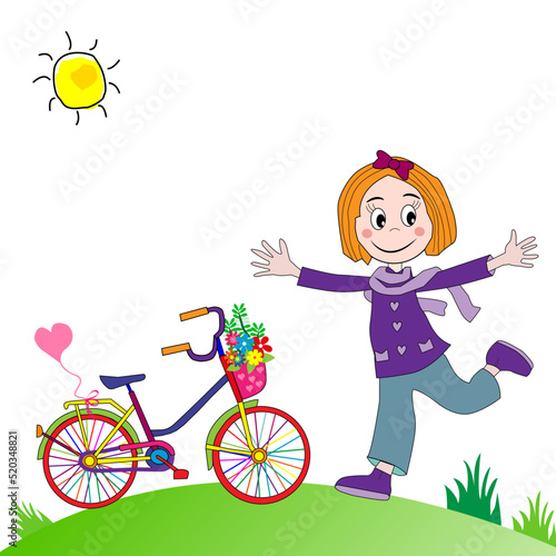 Niña feliz con bicicleta en un día de otoño.