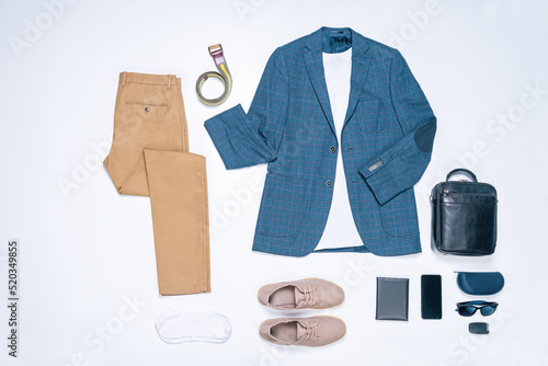Square flat set of men's business casual clothing, such as jacket or shirt, troeswrs, socks and sneakers