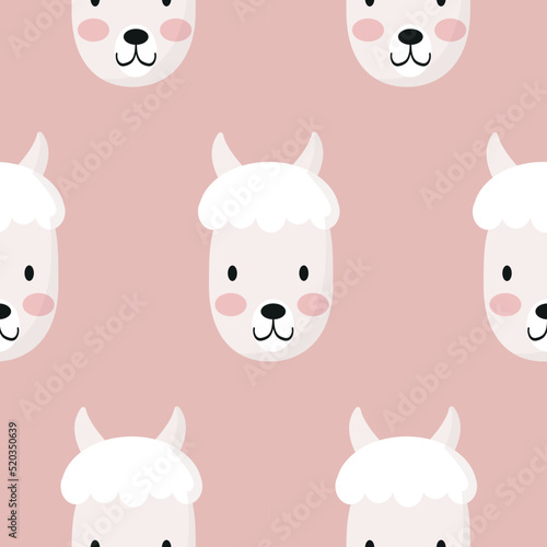 Cute lama face seamless pattern, alpaca muzzle, head.   Cartoon vector illustration. Girl texture, background, wallpapers, ornament. Childish design of wrapping paper, fabric, textile, graphic, print