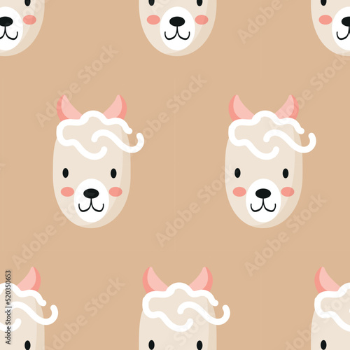 Cute sheep face seamless pattern, lamb muzzle, head.   Cartoon vector illustration. Kid texture, background, wallpapers, ornament. Childish design of wrapping paper, fabric, textile, graphic, print