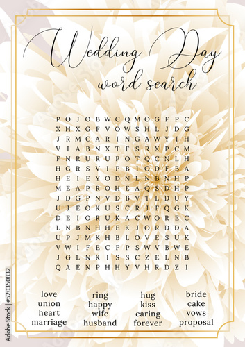 wedding word search puzzle. Bridal shower crossword, trivia, activity card. Engagement, bachelorette party printable.  Find 16 hidden words about love and marriage. Vector illustration 