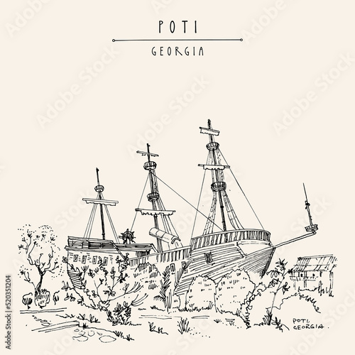 Vector Poti, Georgia postcard. Quiet provincial town. Beautiful historical old vintage wooden ship. Travel sketch, artistic drawing. Hand drawn maritime vintage touristic postcard, poster illustration