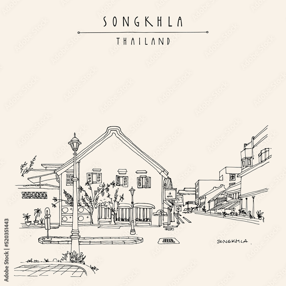 Vector Songkhla, Thailand postcard. China Town. Old town Chinese houses, lamppost street view. Historical buildings in Songkhla province in the South Thailand. Travel sketch. Hand drawn vintage poster