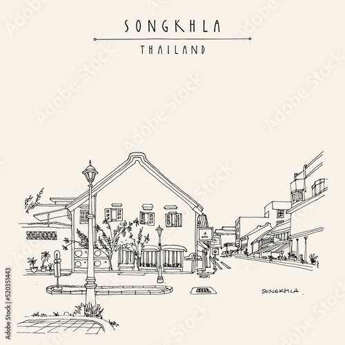 Vector Songkhla, Thailand postcard. China Town. Old town Chinese houses, lamppost street view. Historical buildings in Songkhla province in the South Thailand. Travel sketch. Hand drawn vintage poster photo