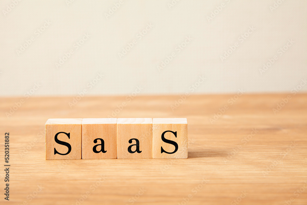 サース。SaaS。木製のブロックに描かれているDXの文字。