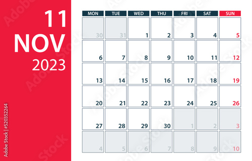 November 2023 Calendar Planner - Vector. Template Mock up