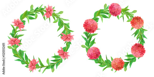 Watercolor illustrations of wreaths of flowers and leaf branches isolated on a white background, peony and gerbera, a set of frames with garden plants, banners with foliage with space for text.