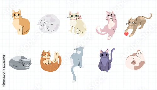 Set of trendy cats for decoration. Playing, sleeping, sitting cats.