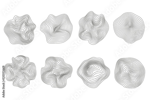 Wooden tree rings. Abstract topography circles. Organic texture shapes. Vector outline illustrations set. photo