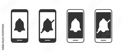 Mute sign. Silent mode or vibrate mode. Notification bell ring icon. Smartphone volume on and off icon. Vector illustration.