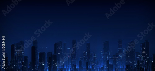3D Rendering of futuristic virtual sci fi city. Many high sky scrapper building towers. Ultrawide angle view.  Concept for night life  business vision  cyberpunk  technology product background
