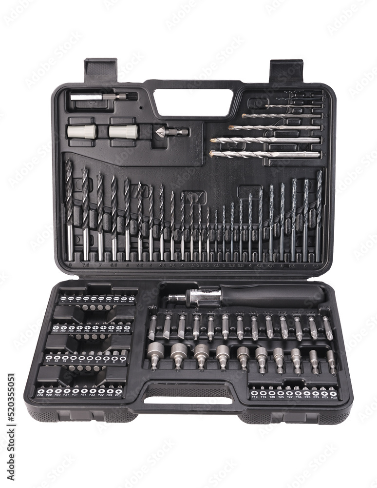Black box with a tool with drills, heads isolated on a white background. Black box with a tool with drills, heads isolated on a white background.