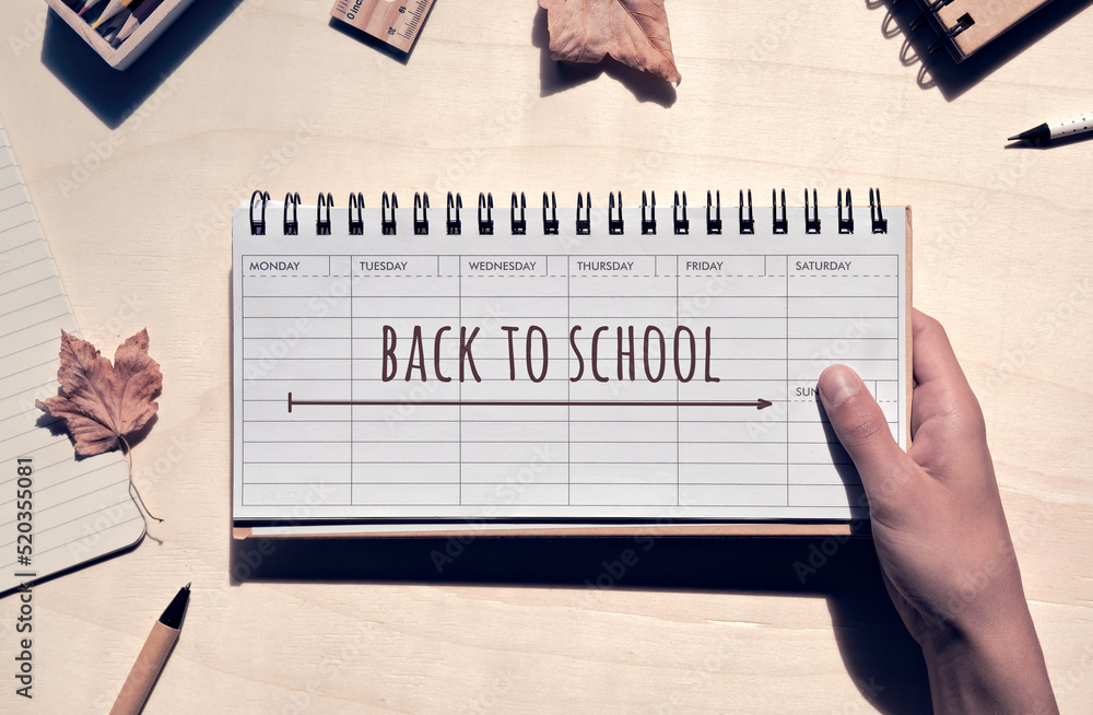 Fototapeta premium Back to school written on week planner in child, teenager hand. Low impact cardboard school supplies. Study stationary, pencils, notebook, and ruler on plywood table. Flat lay with dry leaves.