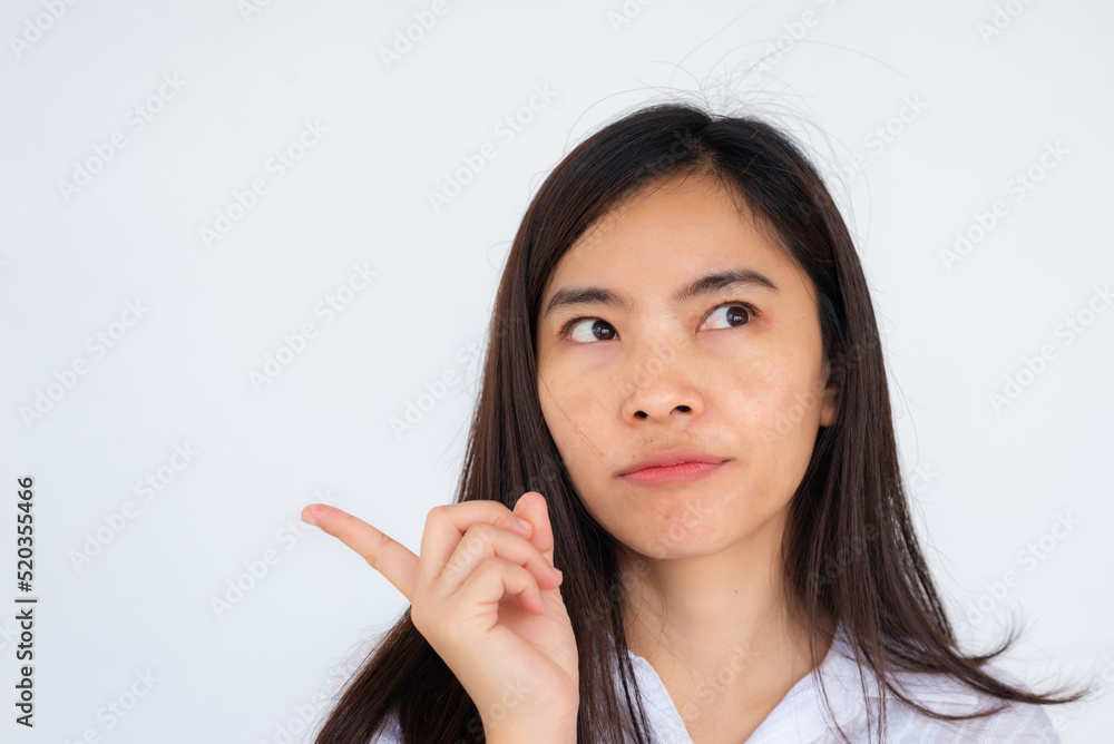 close up attractive adult business woman asian girl with thinking against white concrete wall office. close up attractive adult business woman asian girl with thinking against white concrete wall office.