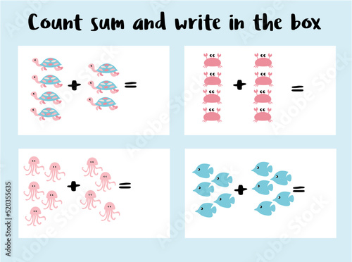 Collection of mini-games teaching counting for kids. Calculation for preschoolers. Calculate the amount. Cute flat sea animals. Printable page, coloring book, leisure task for children, toddlers.
