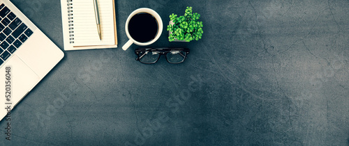 Top view desk or top view table office desk flat lay background with computer laptop and office equipment for work area copy space and education school concepts.