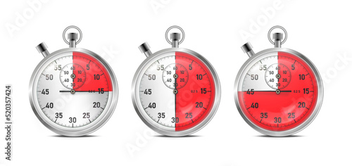 Vector realistic stopwatch silhouettes with different arrow positions. Illustration of 15,30,45 seconds on a stopwatch