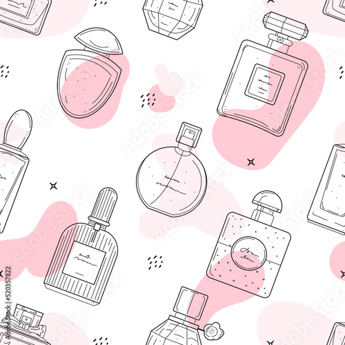 Hand drawn perfume bottles seamless pattern. Fragrance texture in doodle style. Vector illustration for print, textile, wrapping paper, web background, perfumery shop advertising