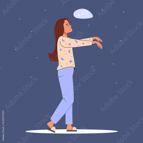 Young woman in pajama sleepwalking at night. Somnambulist walking in her dream with raised hands. Somnambulism concept. Flat vector illustration isolated on blue background