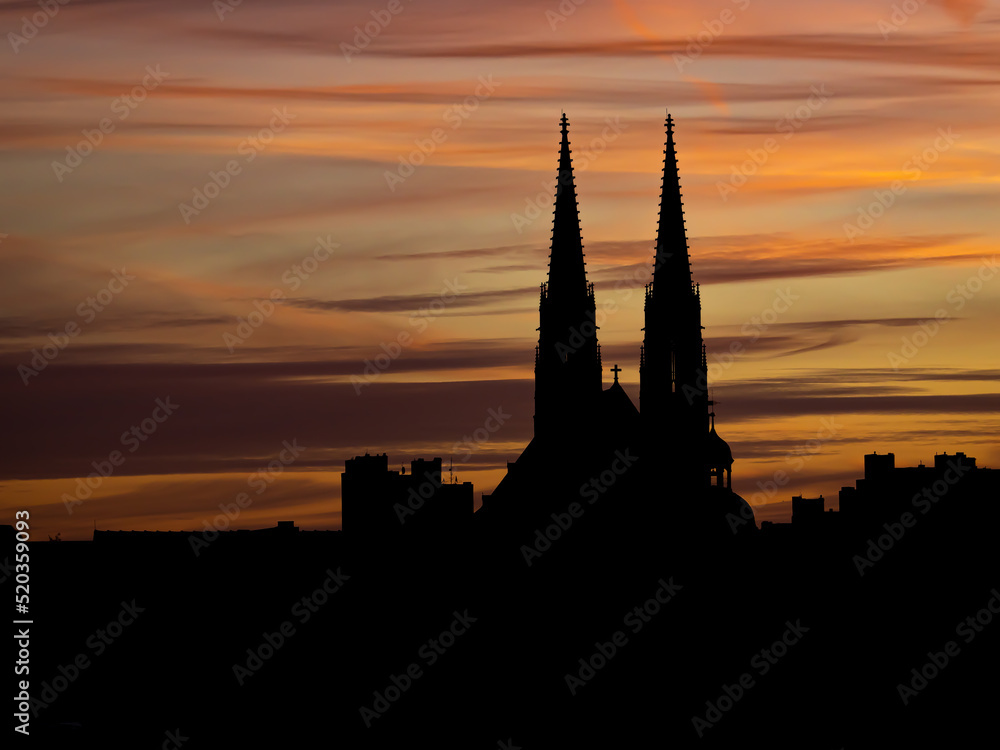 Sunset and the towers of the Peterskirche church in Görlitz