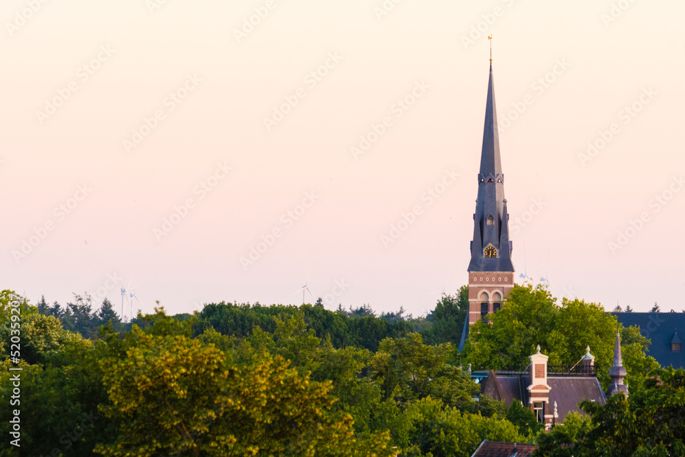 Cityscape small northern european city. European cathedral tower surrounded by green trees at sunset. Breda, the Netherlands